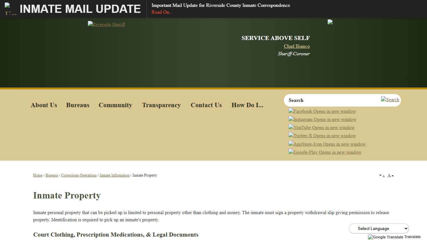 Inmate Property | Riverside County Sheriff, CA